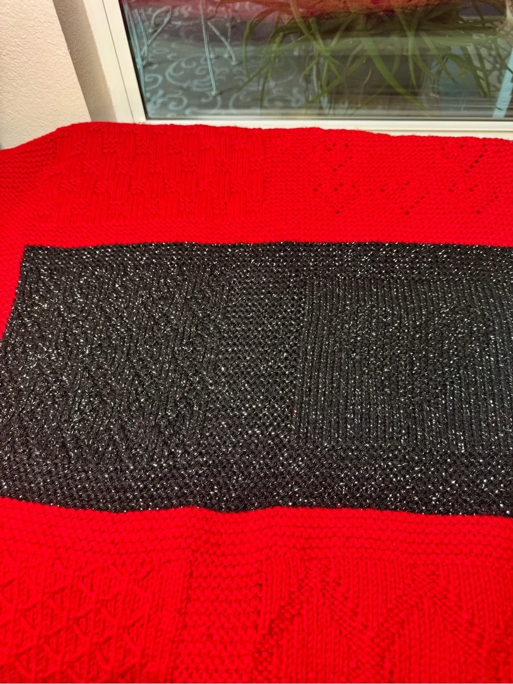 Handmade Red and Black Knit Throw Blanket - Cozy Textured Design